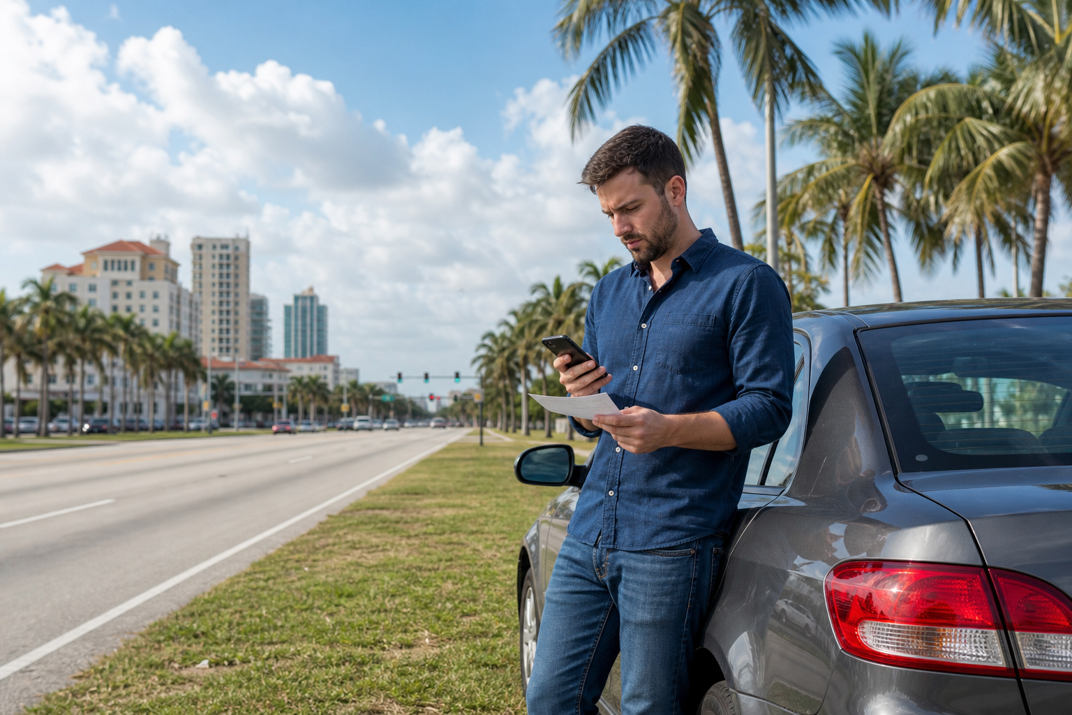 Driver safely checking vehicle location and details before requesting a tow in West Palm Beach