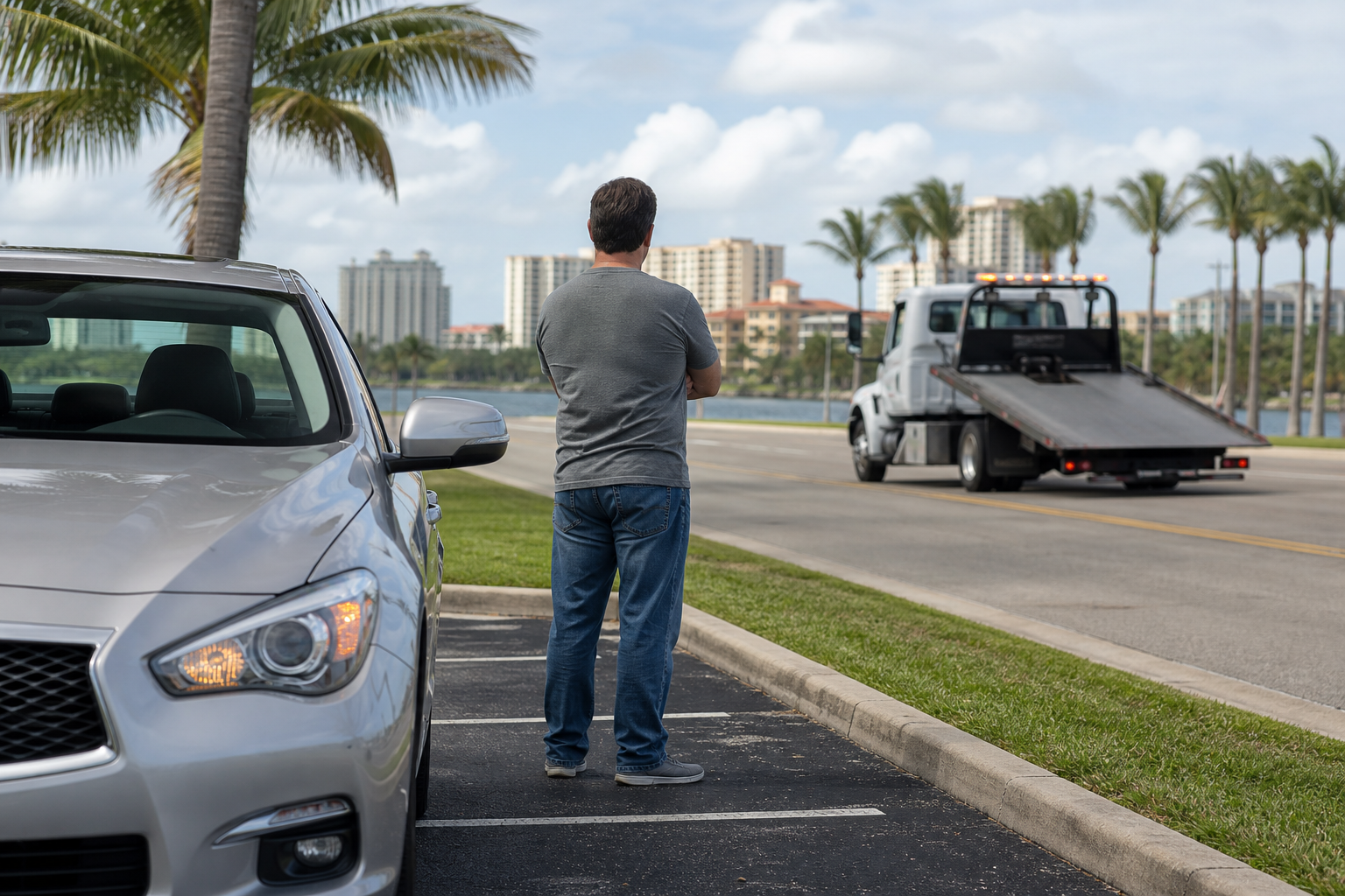 Driver safely waiting beside a disabled car in West Palm Beach while a flatbed tow truck approaches