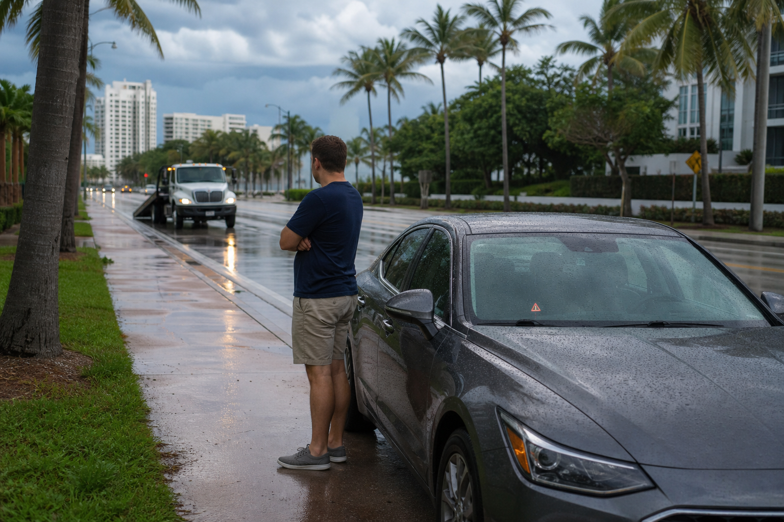 Driver safely parked beside a car with its hood closed on a wet West Palm Beach roadside after a suspected serpentine belt failure