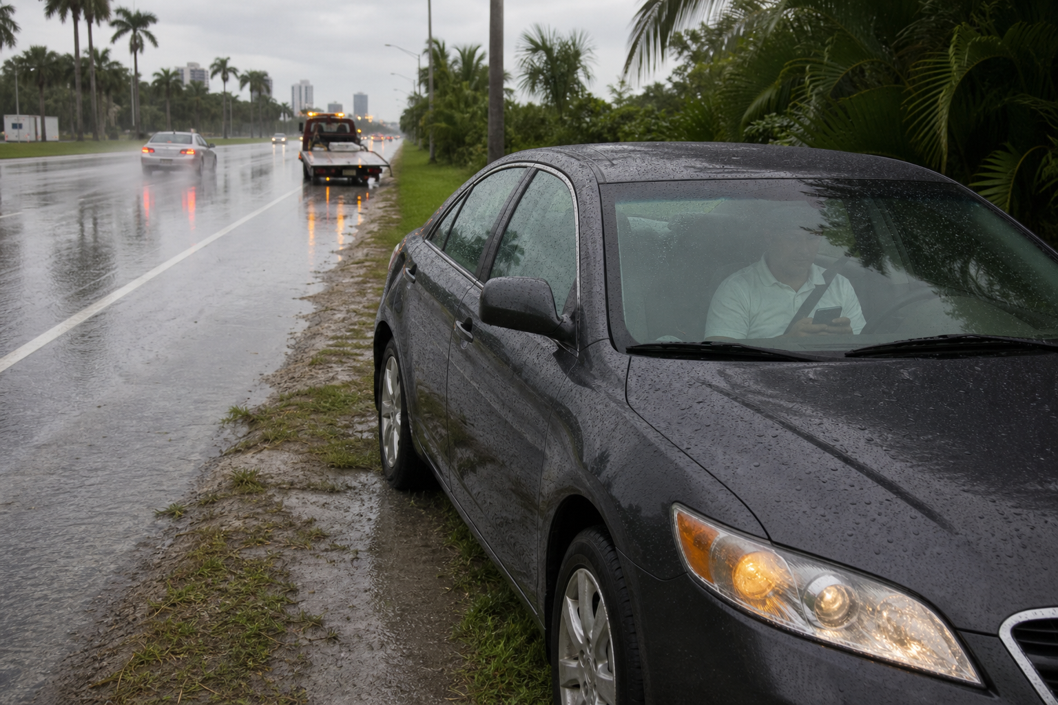 Driver safely waiting inside a disabled car beyond active traffic during heavy rain in West Palm Beach, Florida