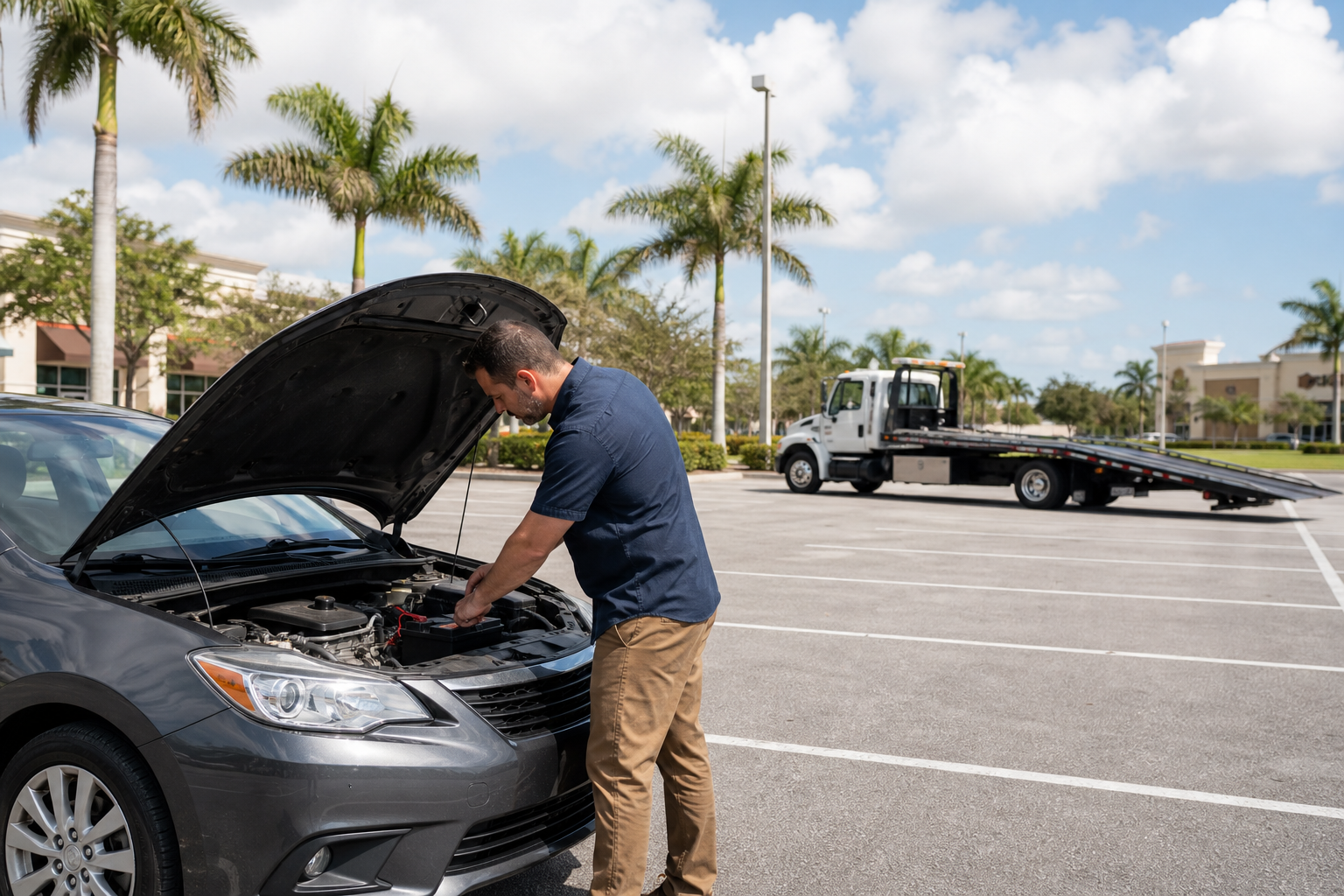 Driver checking a car that will not start in a West Palm Beach parking lot