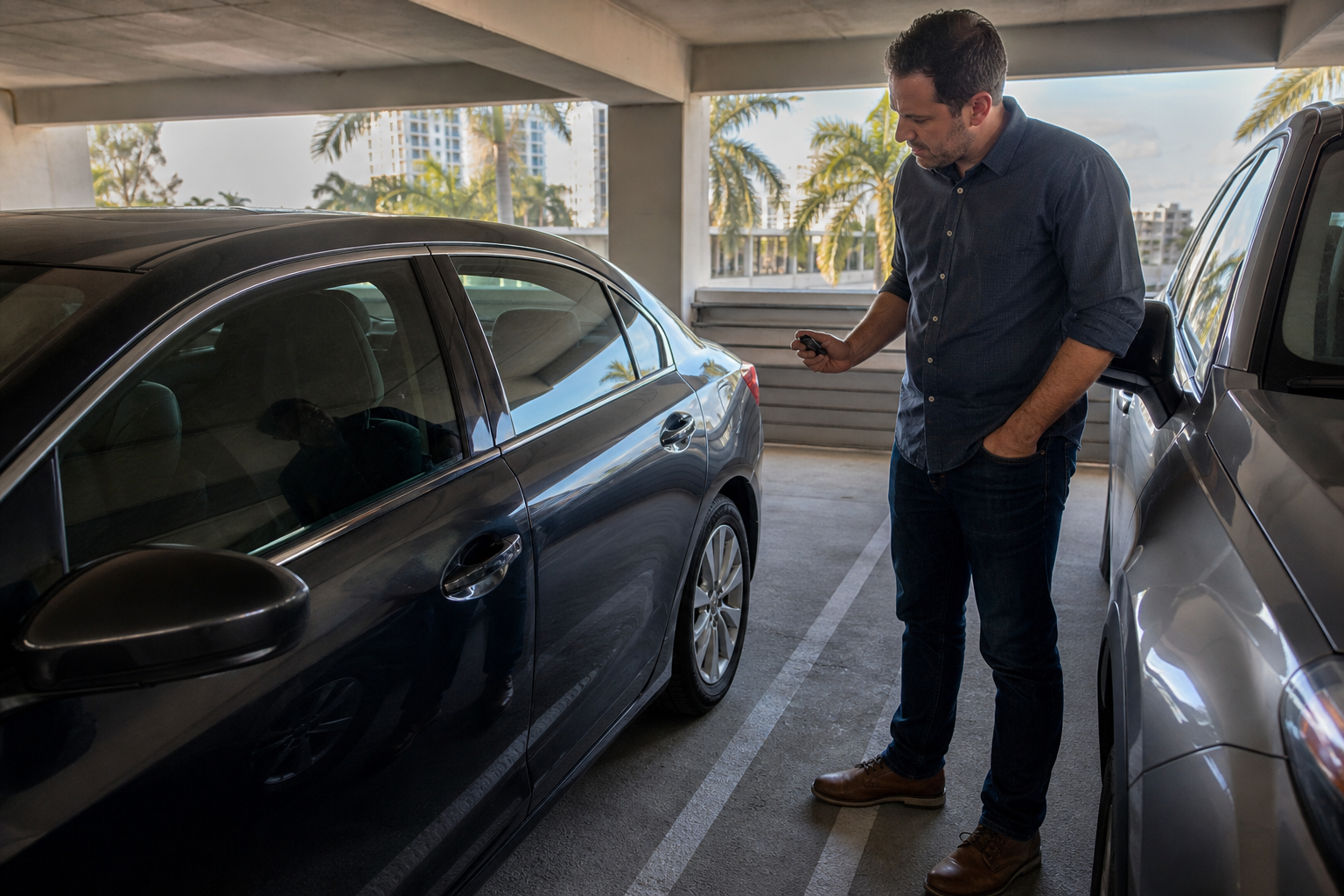 Driver checking a smart key fob beside a locked car in a West Palm Beach parking garage