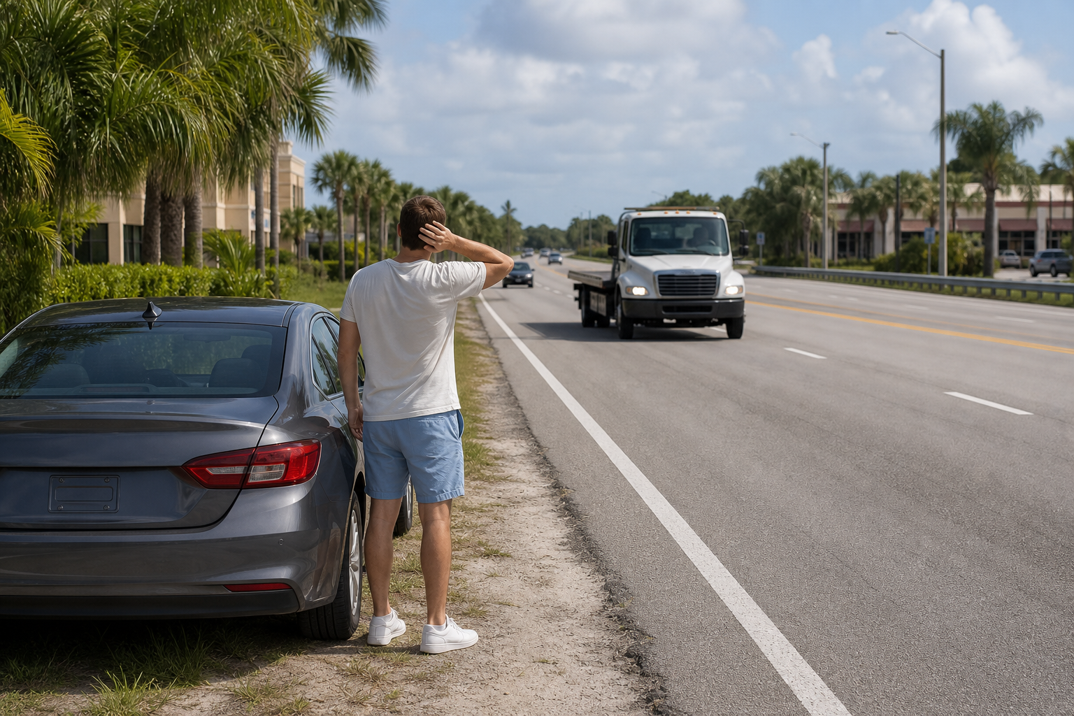 Driver standing safely away from an overheated car on a sunny West Palm Beach roadside while a flatbed tow truck approaches