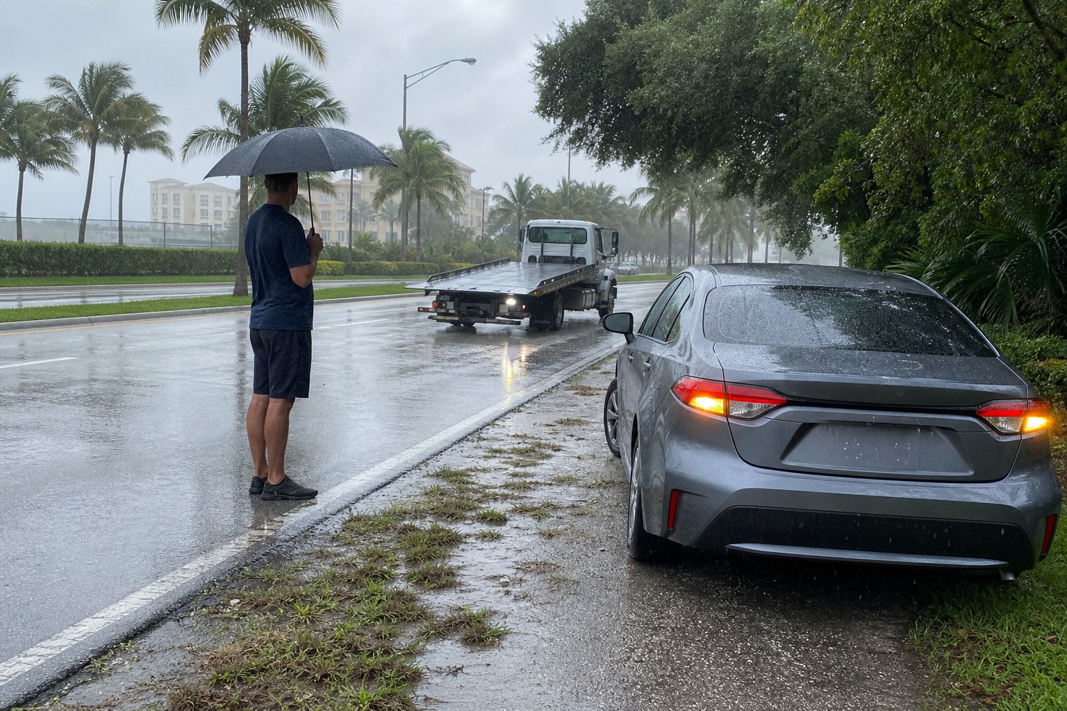 Driver standing safely beside a disabled car on a rainy West Palm Beach roadside while a flatbed tow truck approaches