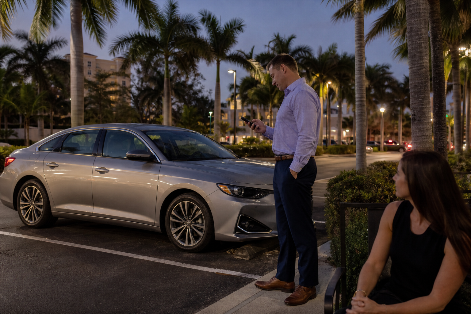 Driver waiting safely beside a locked car in a West Palm Beach parking area while preparing location details for roadside lockout help