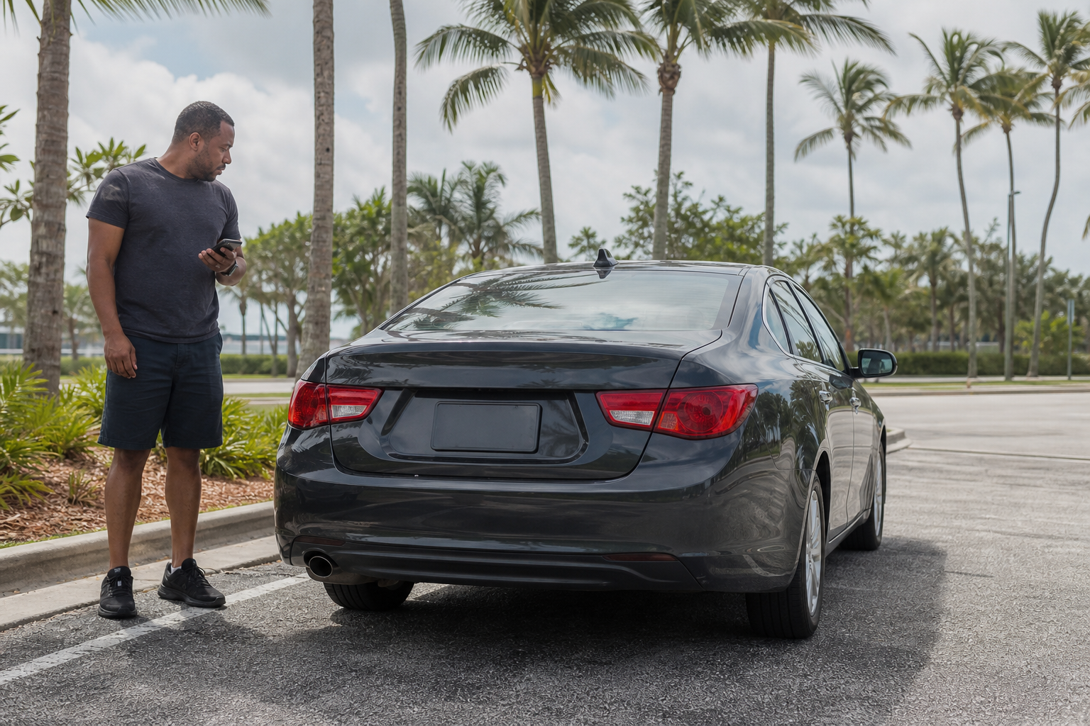 Driver standing beside a parked sedan with the trunk closed while checking a phone in West Palm Beach, Florida