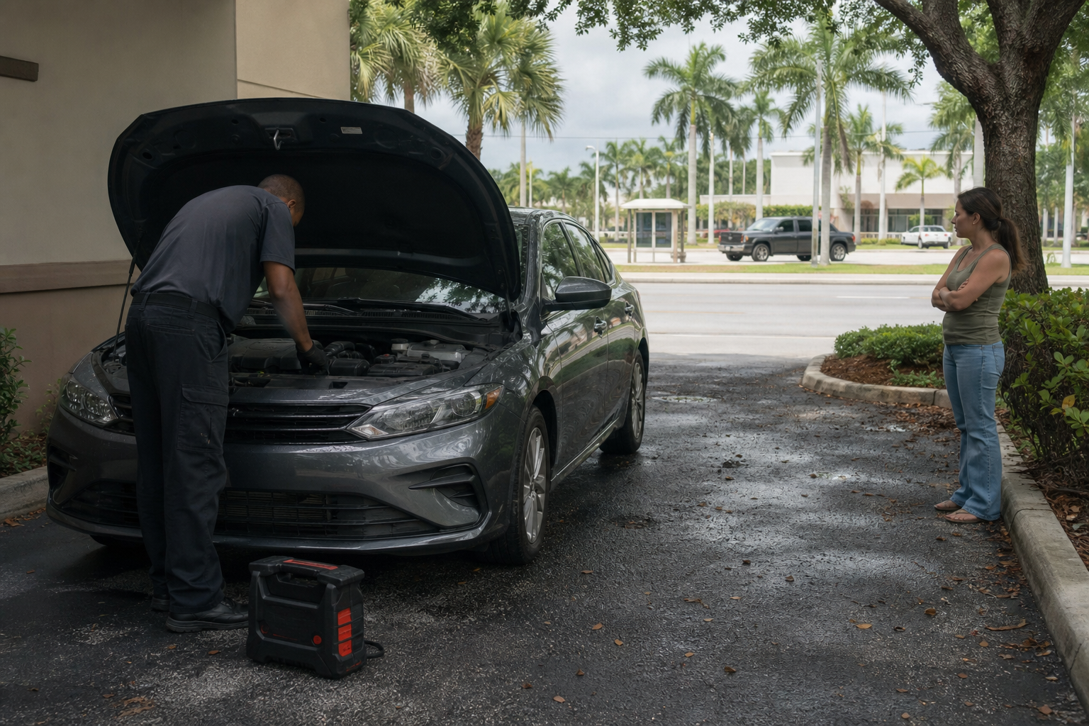 Roadside technician assessing a sedan that has needed repeated jump starts in a West Palm Beach parking area