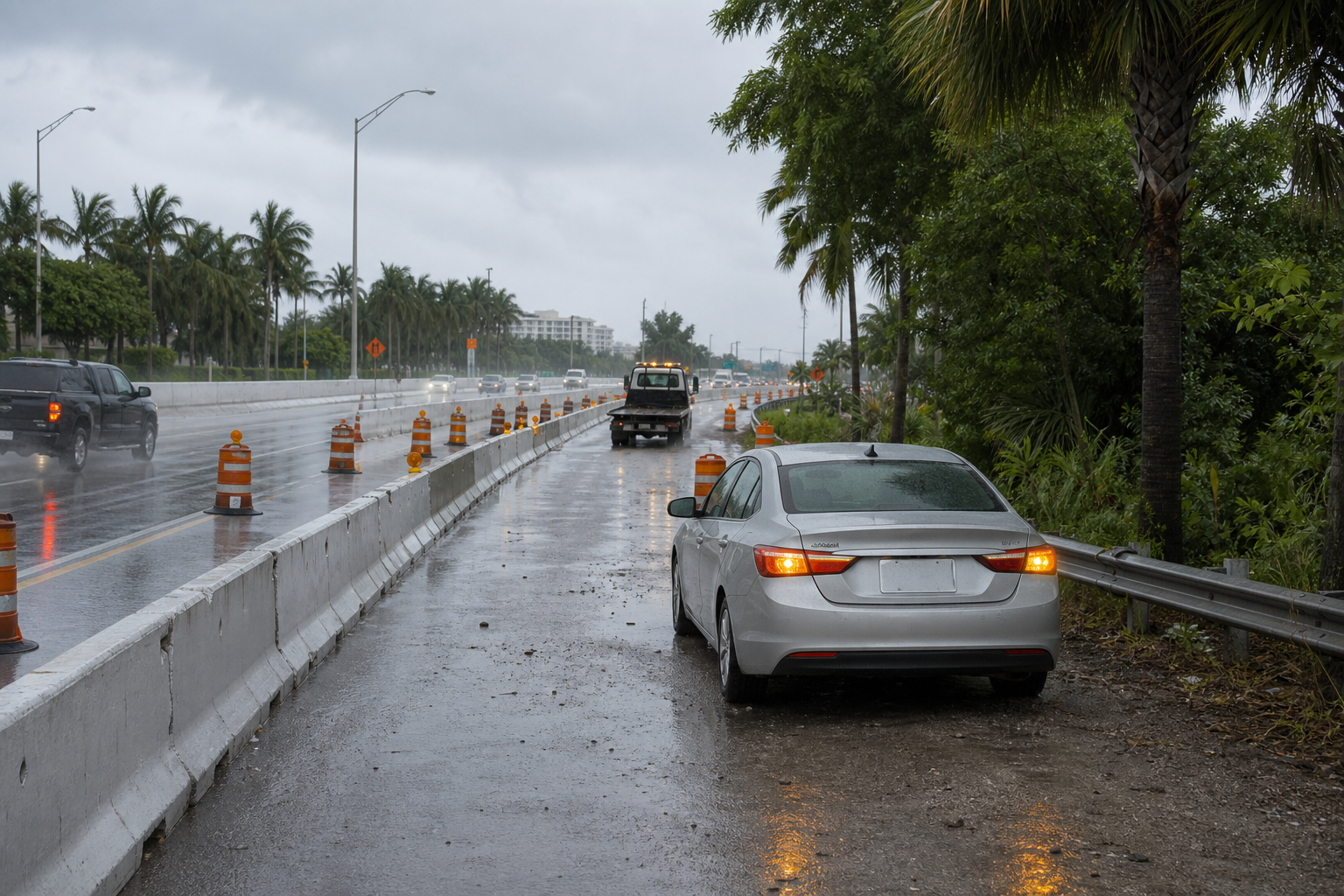 Disabled car waiting beyond a rain-soaked construction taper in West Palm Beach, Florida