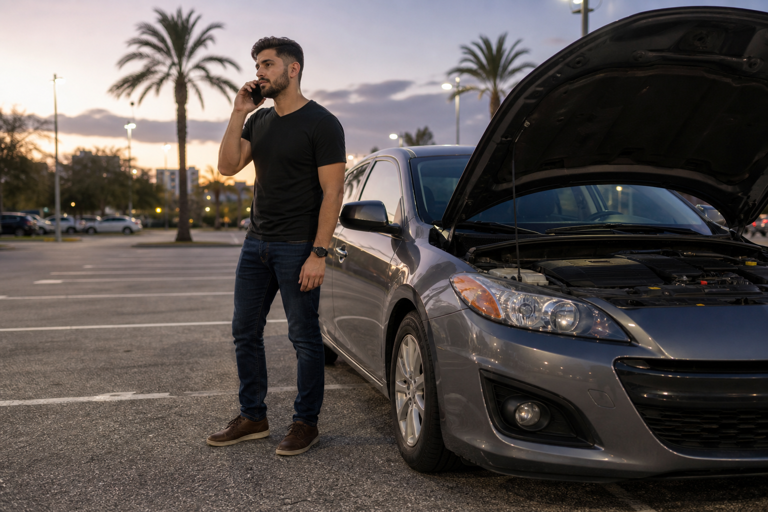 Driver safely waiting near a disabled car in West Palm Beach after the vehicle would not start