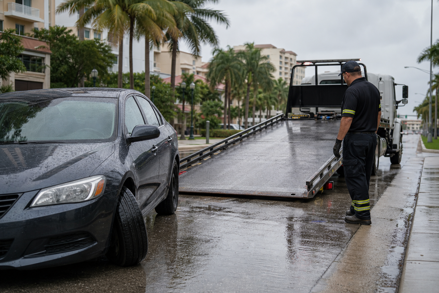 Flatbed tow operator preparing to load a damaged car after rain in West Palm Beach